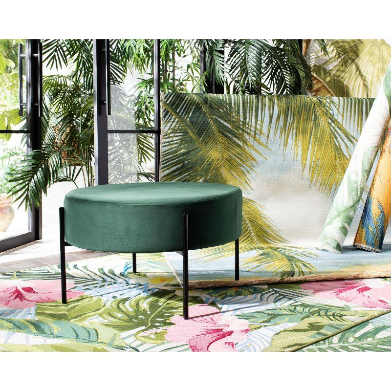 Malachite Green Velvet Round Cocktail Ottoman with Matte Black Legs