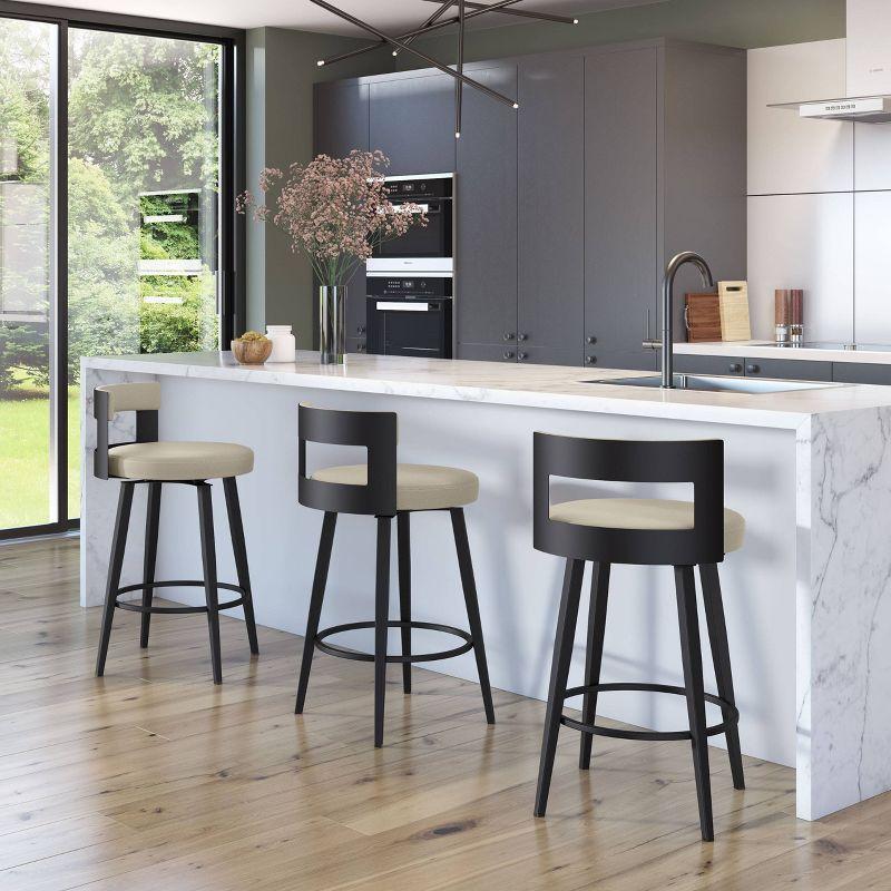 Amisco Paramont Upholstered Counter Height Barstool Greige/Black: Modern Round Faux Leather, Steel Frame, 300 lbs Capacity