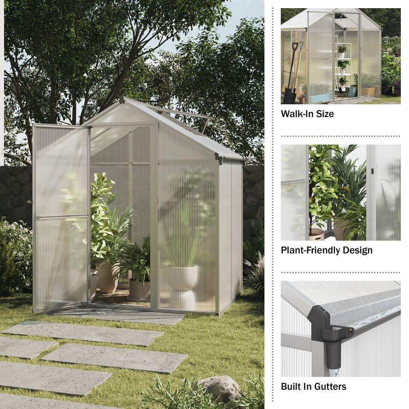 Walk In Greenhouse - 4ft x 6ft Outdoor Green House with Roof Vent and Rain Gutter - Sturdy Polycarbonate Panels with Aluminum Frame