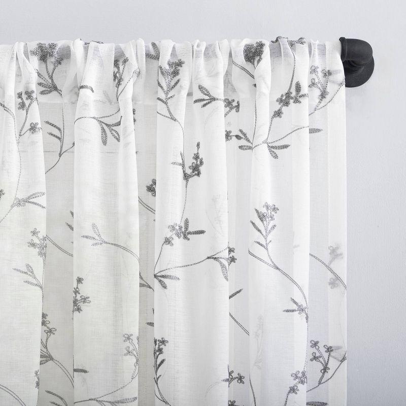 White Floral Embroidered Sheer Rod Pocket Valance