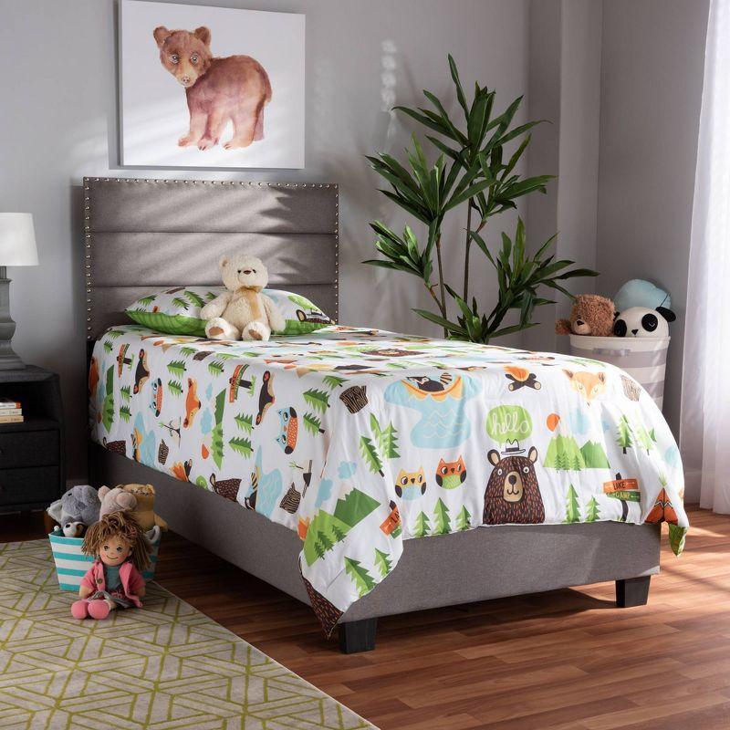 Gray Twin Upholstered Bed with Tufted Headboard and Nailhead Trim