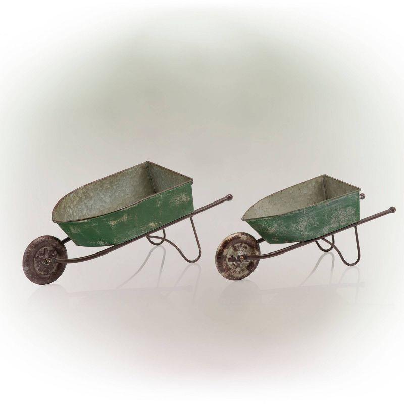 2pk Rustic Iron Wheelbarrow Garden Novelty Planter Green - Alpine Corporation