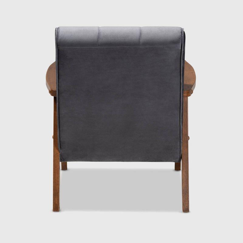 Mid-Century Modern Gray Velvet Accent Chair with Walnut Wood Frame