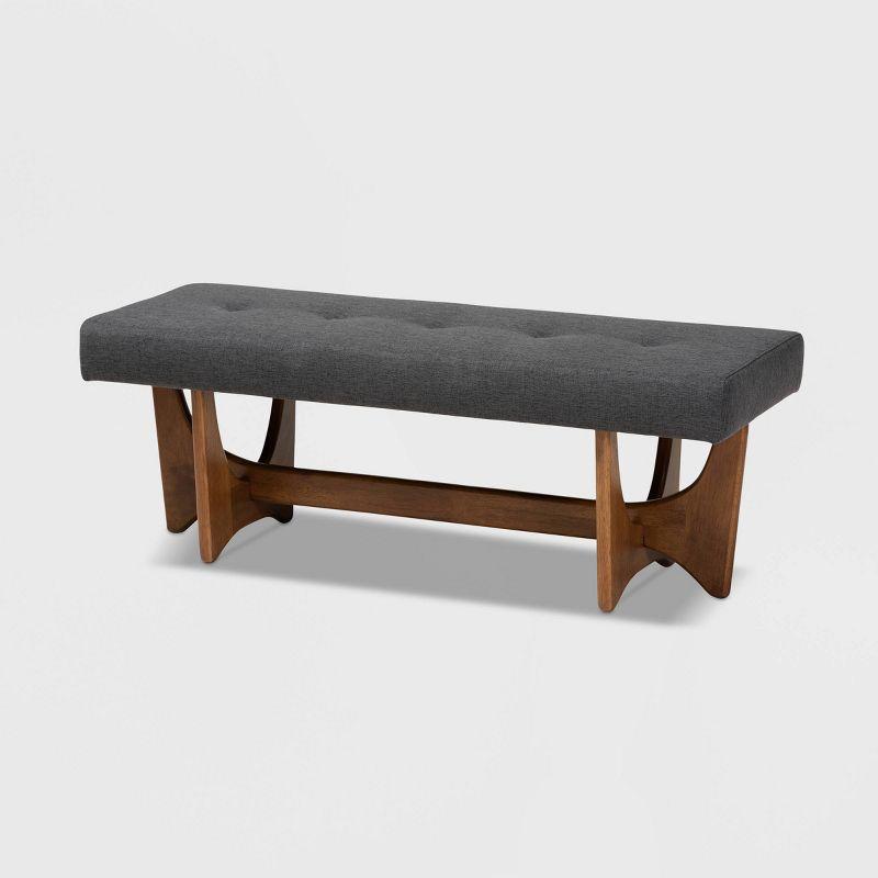 Theo Dark Grey Upholstered Walnut Mid-Century Modern Bench