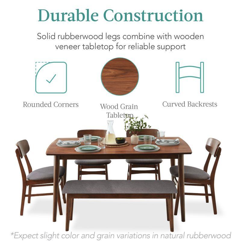 George Oliver 6-Piece Mid-Century Modern Upholstered Wooden Dining Set W/ 4 Chairs, Bench - Walnut/Gray