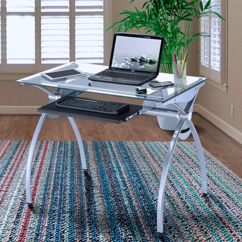 Contemporary Clear Glass Top Computer Desk with Pull Out Keyboard Panel Clear - Techni Mobili: Curved Steel Frame, Mahogany Veneer, Home Office