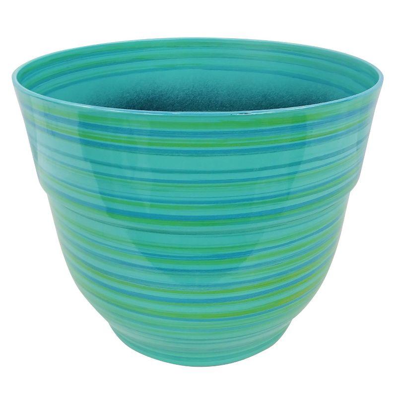 Alpine Corporation Glossy Striped Indoor Outdoor Planter with Drainage Hole Turquoise 13"x13"x11": Polypropylene, Freestanding
