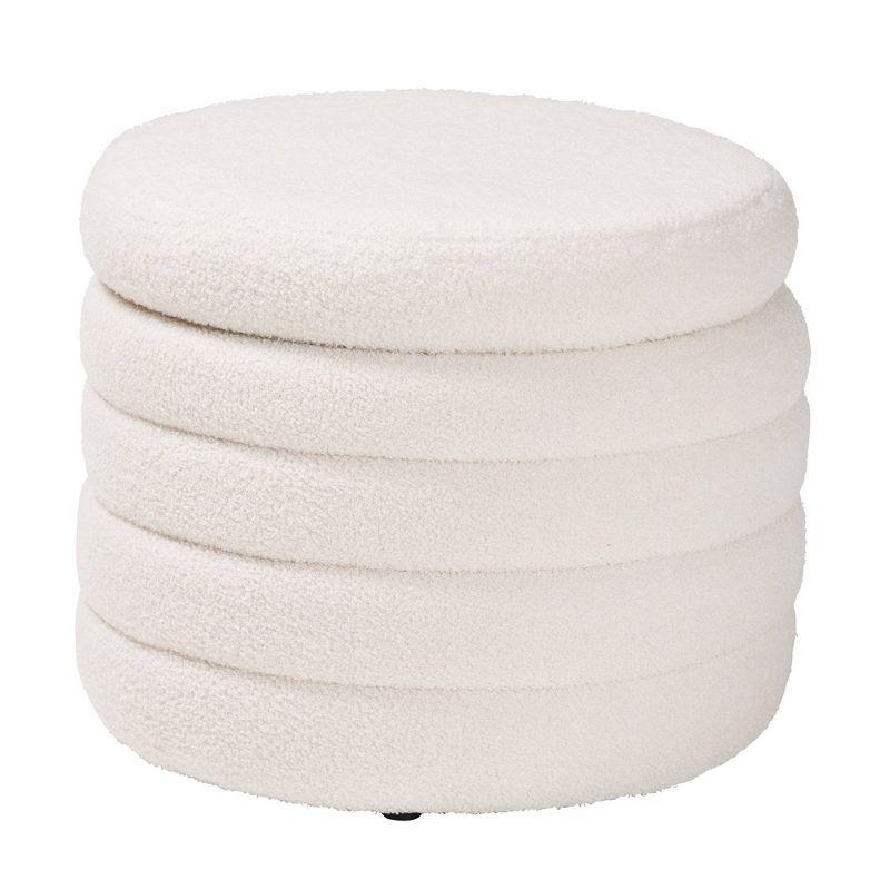 Tabitha Boucle Upholstered Storage Ottoman Ivory - Baxton Studio: Contemporary Round, No Assembly Required