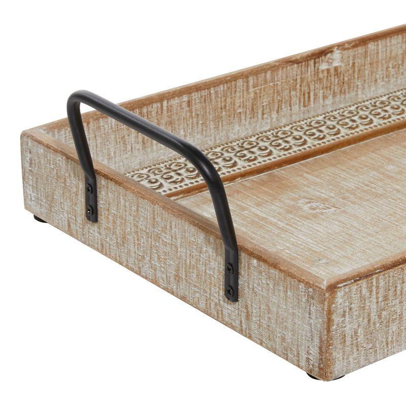 Olivia & May Set of 2 Rectangular Wood Tray with Inlay and Metal Handles Black : Bohemian Carved, Indoor Use Decor