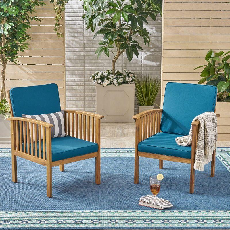 Set of 2 Dark Teal Cushioned Acacia Wood Outdoor Club Chairs