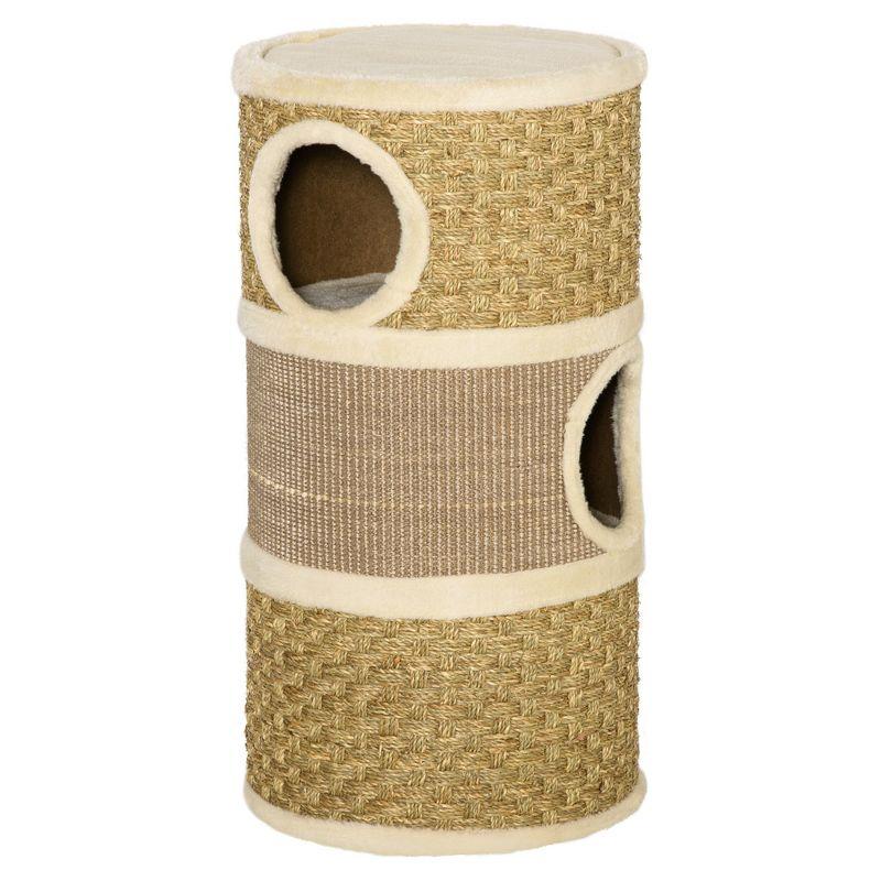 PawHut 28 Inch Cat Condo, 3 Story Cat Hideaway with Sisal Scratching Pad, Barrel Shaped Small Cat Tree for Indoor Cats, Khaki and Brown