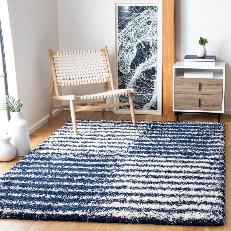 Navy and Ivory Striped Round Shag Area Rug, 8' x 10'