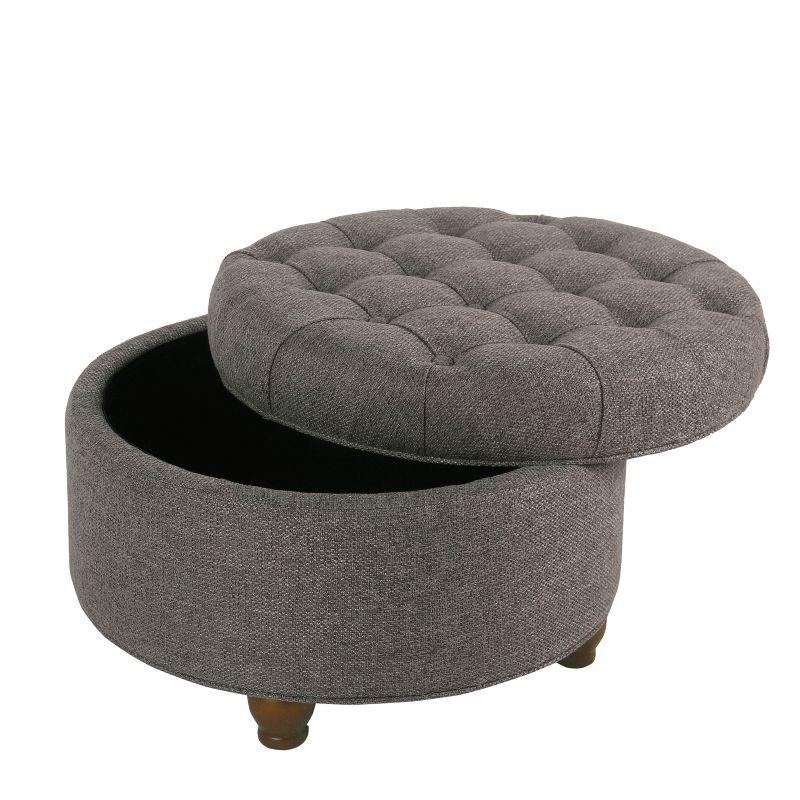 Large Tufted Round Storage Ottoman with Lid & Wood Legs - HomePop