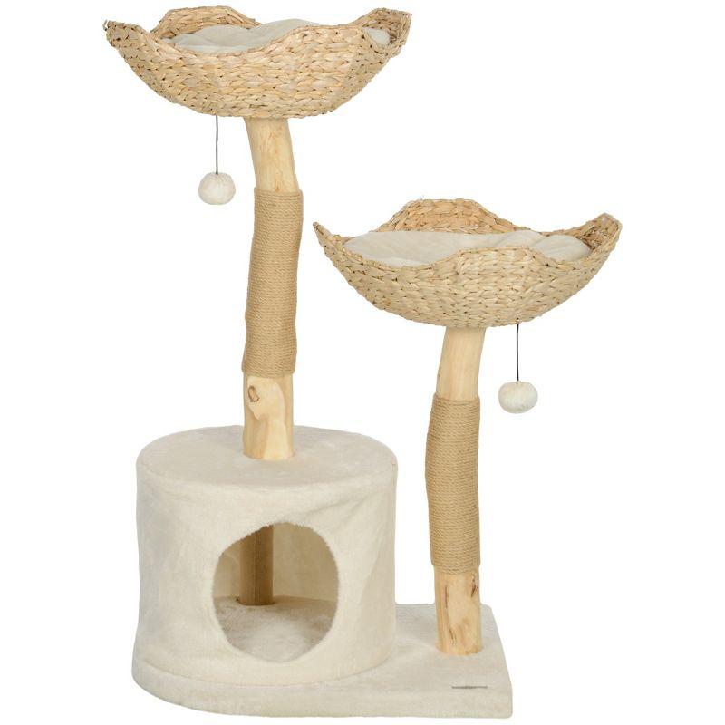 PawHut 37 Inch Modern Cat Tree w/ Wooden Scratching Posts, Condo, Beds, Cushions, Toy Balls, Anti-Tip Kit for Indoor Adult Cats & Kittens, Cream White