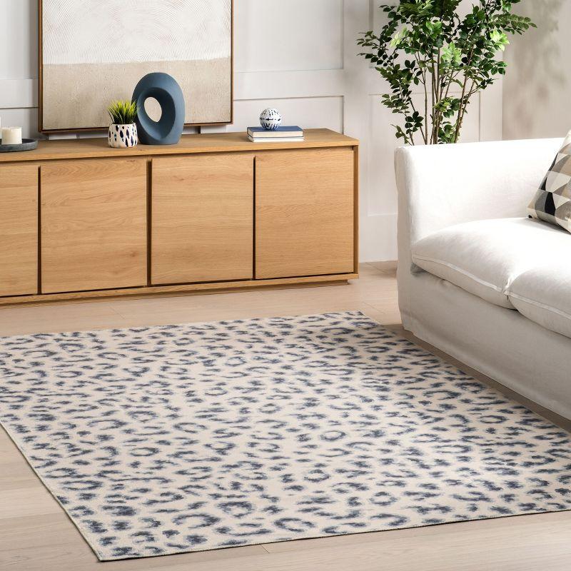 Blue Leopard Print Machine Washable Synthetic Area Rug