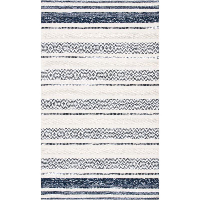 Ivory and Navy Striped Wool Cotton 8' x 10' Area Rug