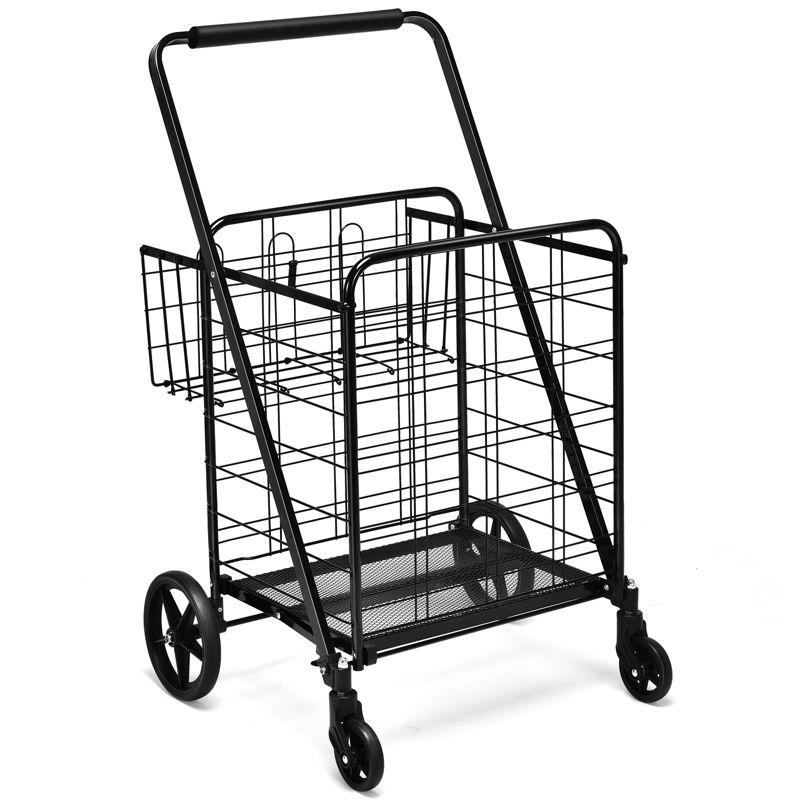 Folding Shopping Cart Jumbo Double Basket Grocery Cart with Wheels Black Silver