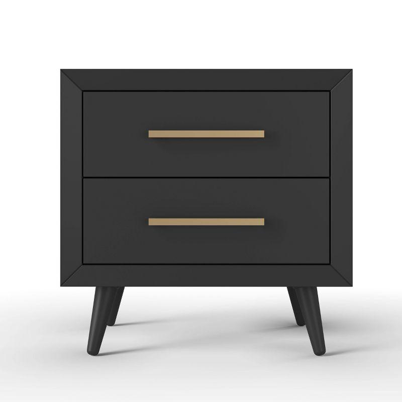 Ebony Pine Wood 2-Drawer Mid-Century Modern Nightstand