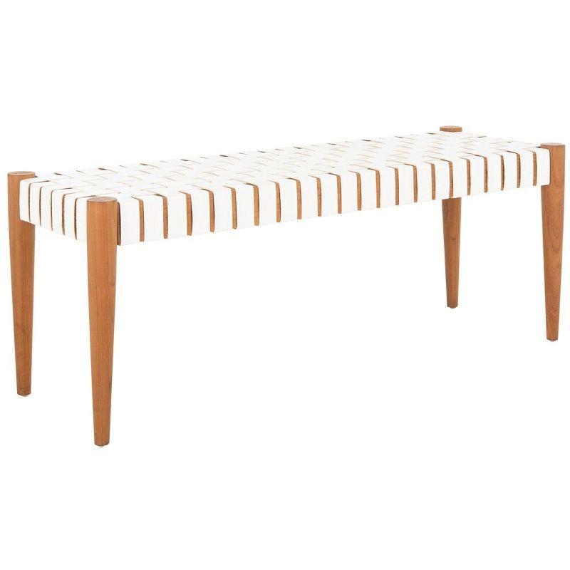 Amalia 47'' Transitional White Leather & Oak Weave Bench