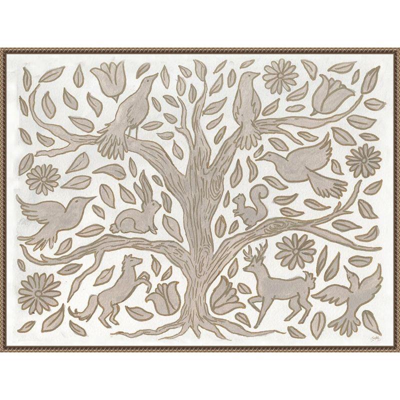 Neutral Grey Animal Tree Canvas Wall Art with Beaded Frame