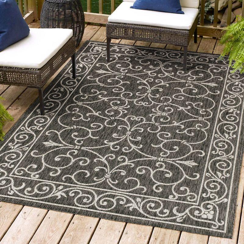4'x6' Charleston Vintage Filigree Textured Weave Indoor/Outdoor Area Rug, Black/Gray - JONATHAN Y