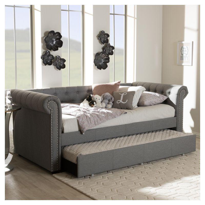 Gray Upholstered Twin Daybed with Trundle and Nailhead Trim