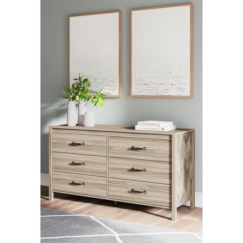 Beige Mid-Century Modern 6-Drawer Dresser with Chevron Pattern