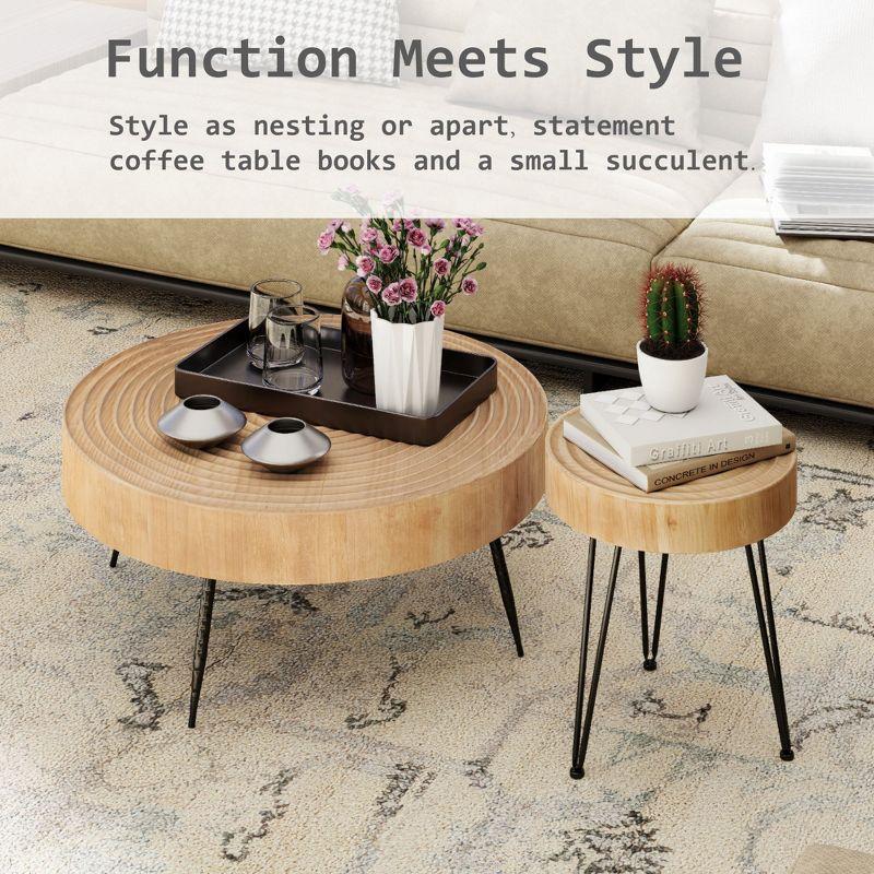 COZAYH 2-Piece Modern Farmhouse Living Room Coffee Table Set, Nesting Table Round Natural Finish with Handcrafted Wood, Ring Pattern