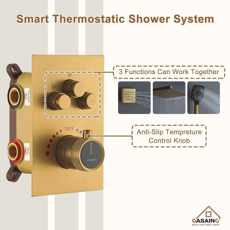 Revitalize 3-Function 12 Inch Wall Mount Rainfall Thermostatic Shower System with 6 Body Jets
