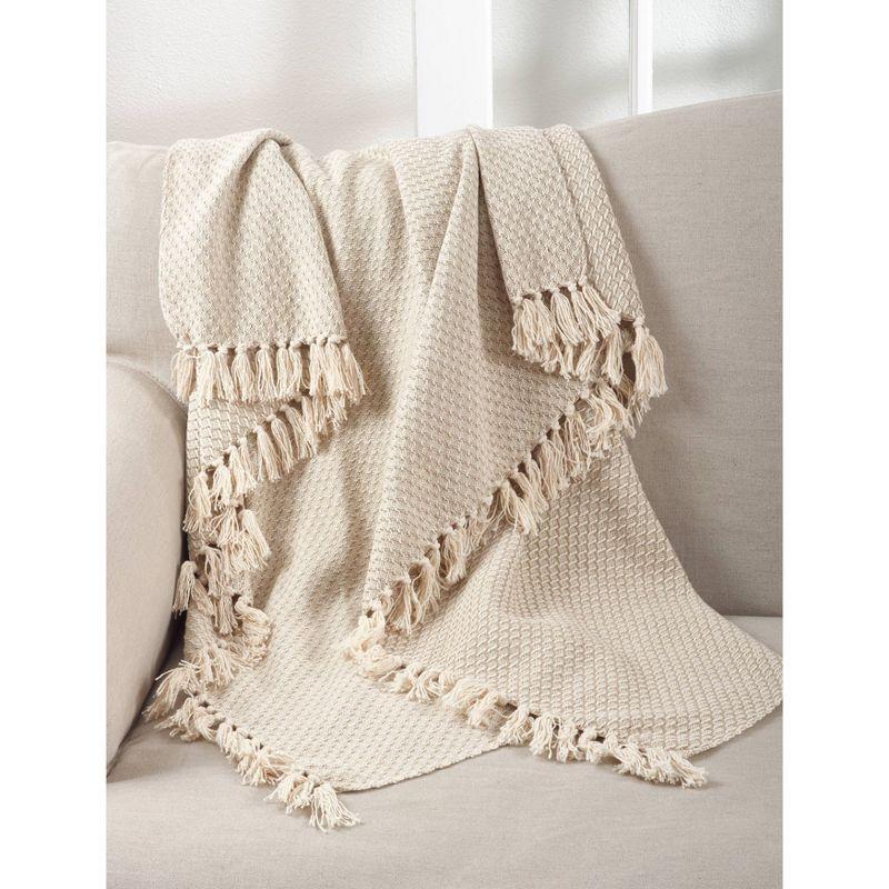 50"x60" Classic Tassel Trim Throw Blanket Beige - Saro Lifestyle: Cotton, Mid-Century Modern, Machine Washable