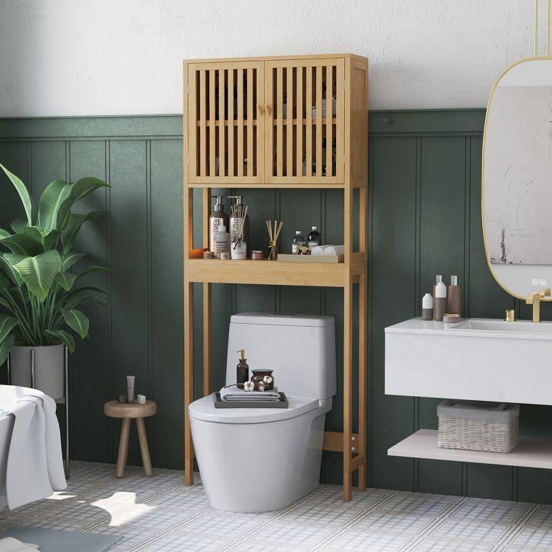 HOMCOM Bamboo Over the Toilet Storage Cabinet, Bathroom Space Saver Above Toilet with Double Slatted Doors, Adjustable Shelf and Open Shelf, Natural