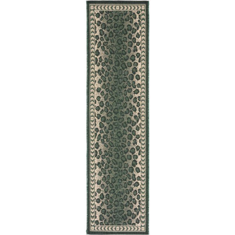 Dark Green and Ivory Leopard Print Runner Rug