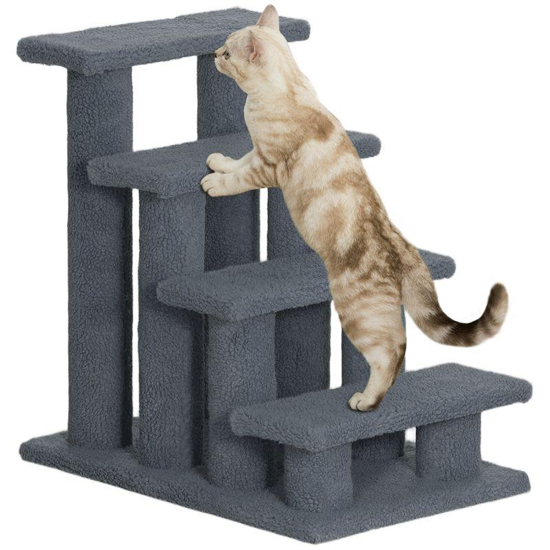 Grey Multi-Level Carpeted Cat Scratching Post with Steps