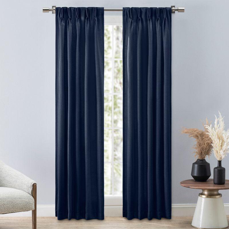 Navy Blue Polyester Pinch Pleated Room Darkening Curtains