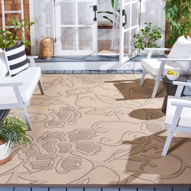 Sand and Black Floral Motif Rectangular Outdoor Rug