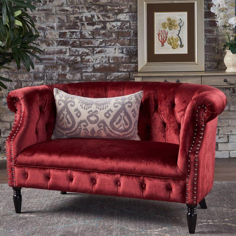 Milani Scroll Arm Loveseat Garnet: Tufted, Nailhead Trim, Polyester Upholstery - Christopher Knight Home