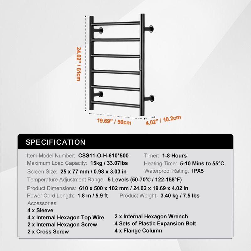 VEVOR 6 Bars Towel Warmer Rack, Wall Mounted Heated Towel Rack for Bathroom, IPX5 Waterpoof Towel Heater Rack with Timer & Display Screen, Black