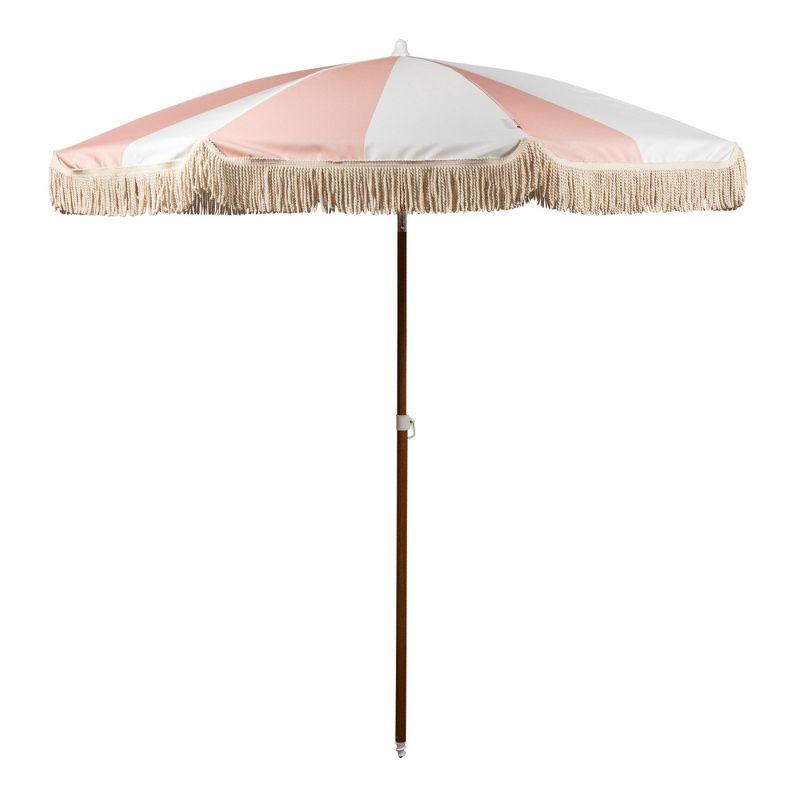 Summerland 6.5 ft Pink and White Striped Beach Umbrella with Fringe