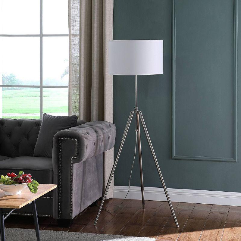 Ore International 64"x47" Mid-Century Adjustable Tripod Metal Floor Lamp Chrome/Silver: Urban Design, Drum Shade, Inline Switch