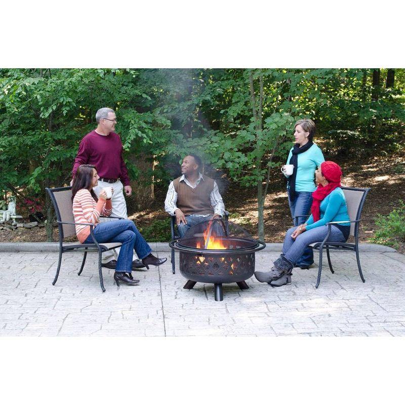 Endless Summer Round Wood Burning Outdoor Fire Pit with Lattice Design Brown: Deep Bowl, Mesh Spark Guard, Portable