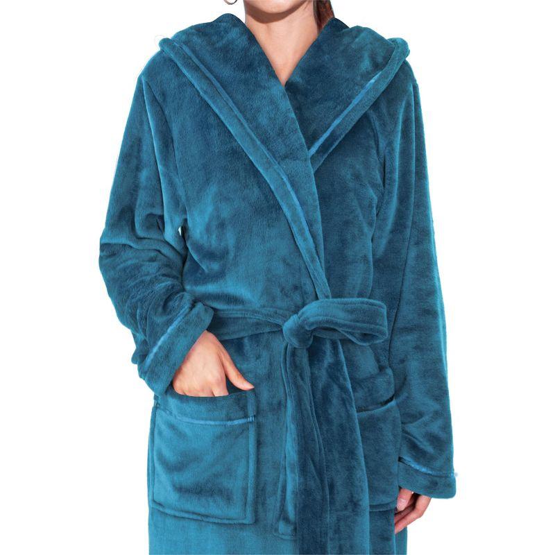 PAVILIA Fleece Robe For Women, Plush Warm Bathrobe, Fluffy Soft Spa Long Lightweight Fuzzy Cozy, Satin Trim (With Hood - Sea Blue, Large-X-Large)