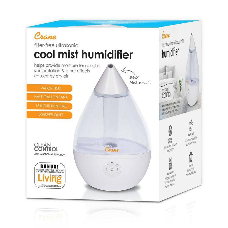 Crane USA Droplet Cool-Mist Humidifier with Vapor Tray, 0.5. Gal. - Clear & White