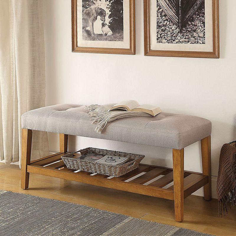 Craftsman Light Gray Tufted Bench with Oak Finish and Shelf