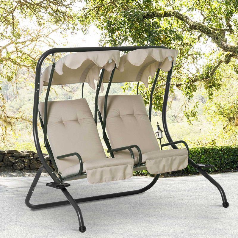 Outsunny Modern 2-Seater Outdoor Patio Swing Chair, Porch Seats with Cup Holder and Removeable Canopy, Beige