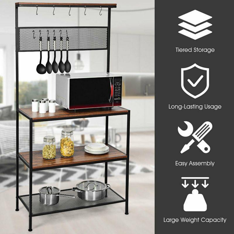 Costway 4-Tier Kitchen Bakers Rack Microwave Oven Stand Industrial w/Hooks & Mesh Panel