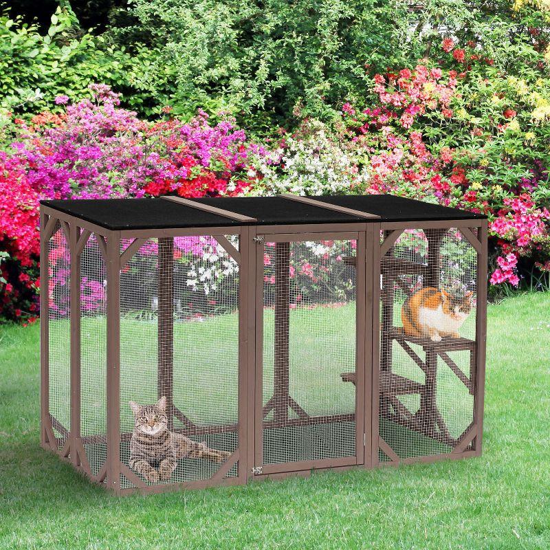 PawHut Wooden Outdoor Cat House Catio Kitten Enclosure Indoor Cage with Asphalt Roof, Multi-Level Platforms and Large Enter Door - 71"L