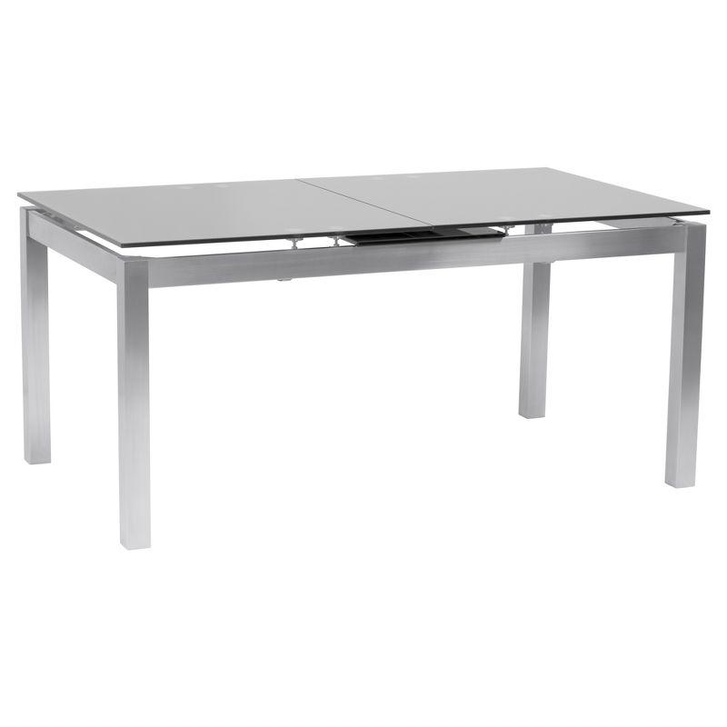 Armen Living IvanExtendable Dining Table in Brushed Stainless Steel and Gray Tempered Glass Top: Modern Self-Storing Leaf, Seats 6