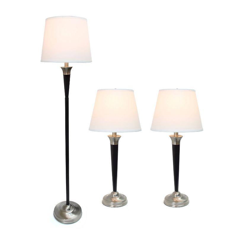 Elegant Designs 3pk Malbec Lamp Set (2 Table Lamps and 1 Floor Lamp) Black: Modern Cotton Shade, UL Listed, 1-Way Switch