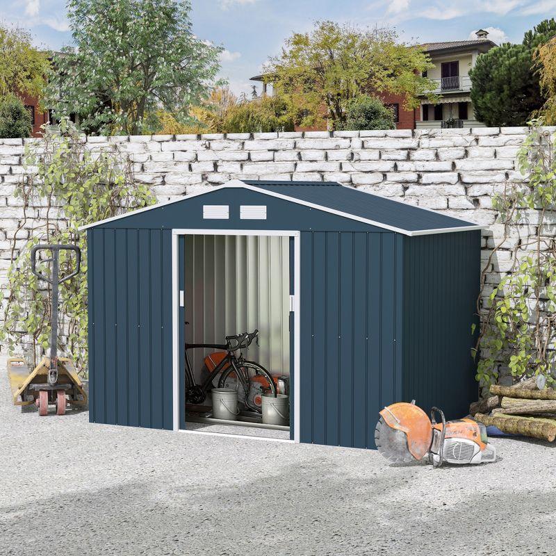 Outsunny 9' x 6' Metal Storage Shed Organizer, Garden Tool House with 4 Vents and 2 Sliding Doors for Backyard, Patio, Garage, Lawn, Dark Gray