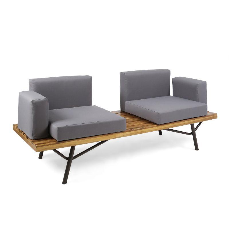 GDFStudio Baish Outdoor Acacia Wood 2 Seater Sofa with Cushions, Teak, Dark Gray, and Rustic Metal